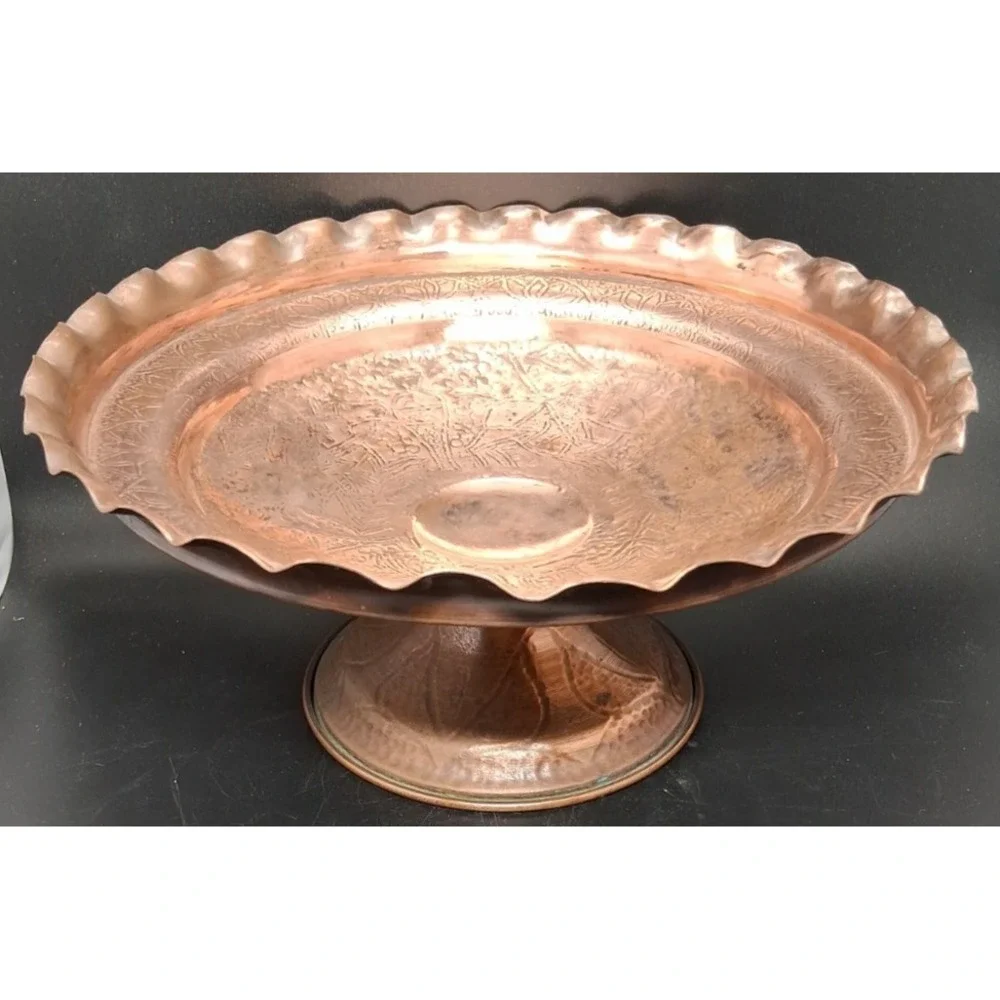 Vintage Embossed Copper Pedestal Compote Bowl w/Scalloped Edge